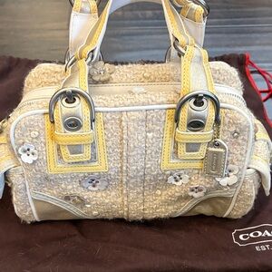 Coach Cream & Yellow Floral Embellished Wool Satchel